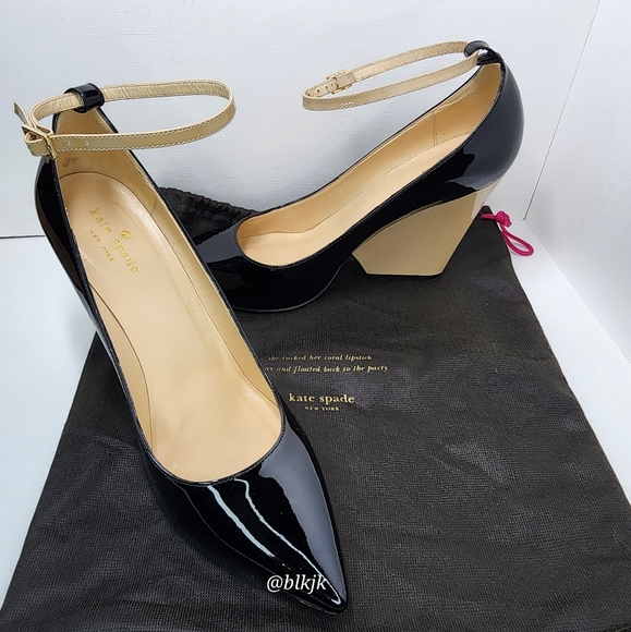 kate spade Prince Black/Powder Patent Leather Strap Wedge Heels EUC Size 9 1/2 - Picture 11 of 16